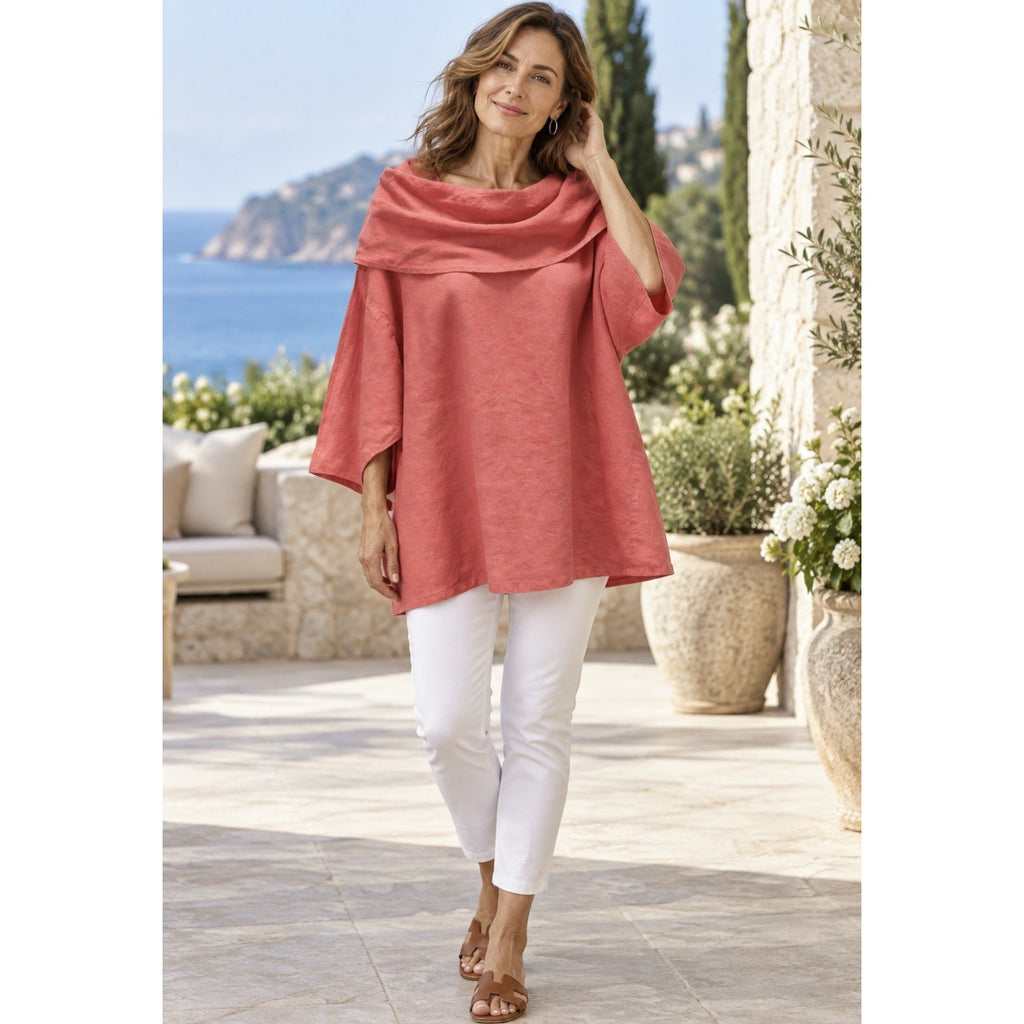 La Fixsun Women M Coral 100% Linen Cowl Neck Lagenlook Tunic Top Made USA