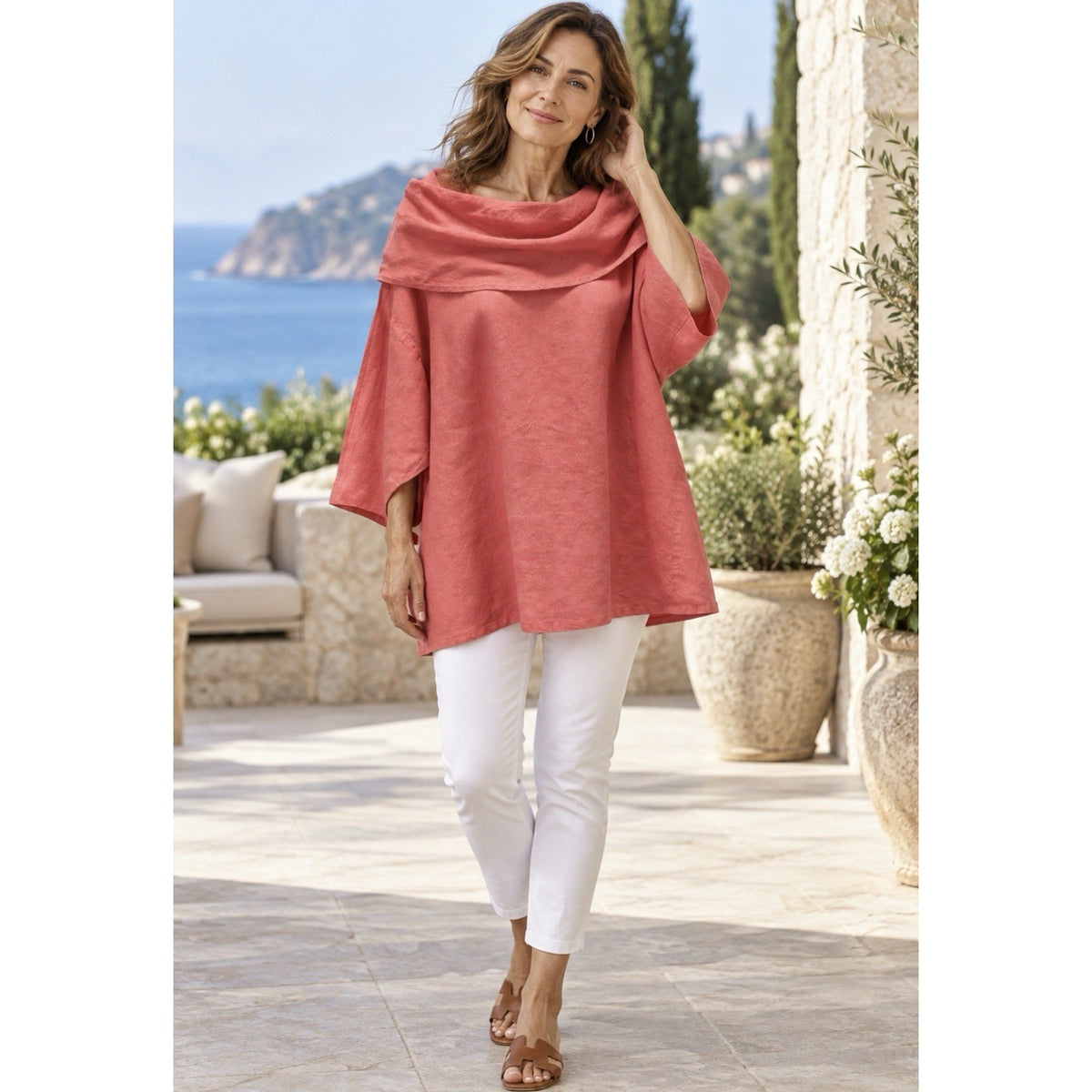 La Fixsun Women M Coral 100% Linen Cowl Neck Lagenlook Tunic Top Made USA