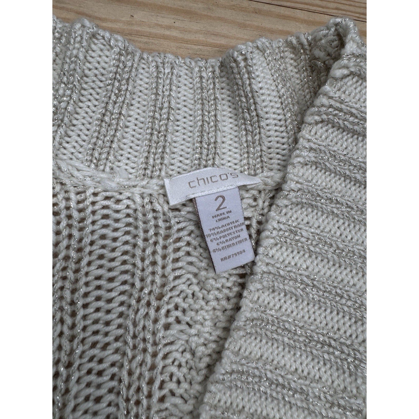 Chico's Open Front Cardigan Sweater Size 2 (L/12) Ivory w/ Metallic Gold Threads