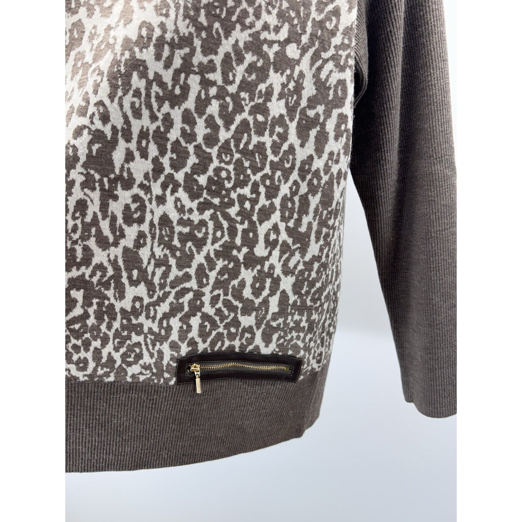 Chico's Womens Taupe Leopard Zip Pocket Long Sleeve Sweater Size 2/Large Comfort