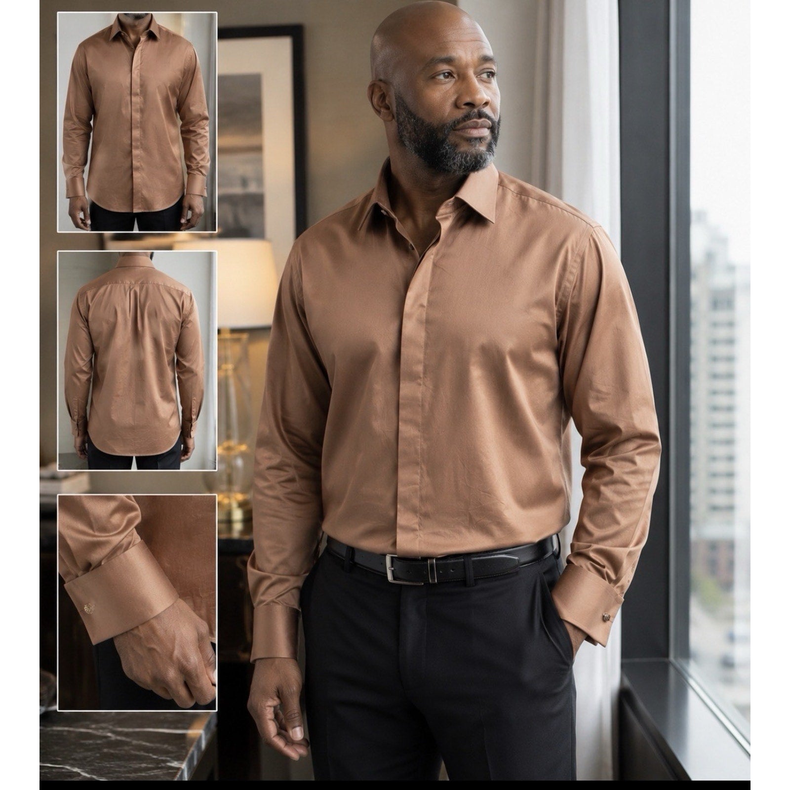 Steven Land Men’s 18.5 34/35 French Cuff Dress Shirt Brown Hidden Buttons NWT