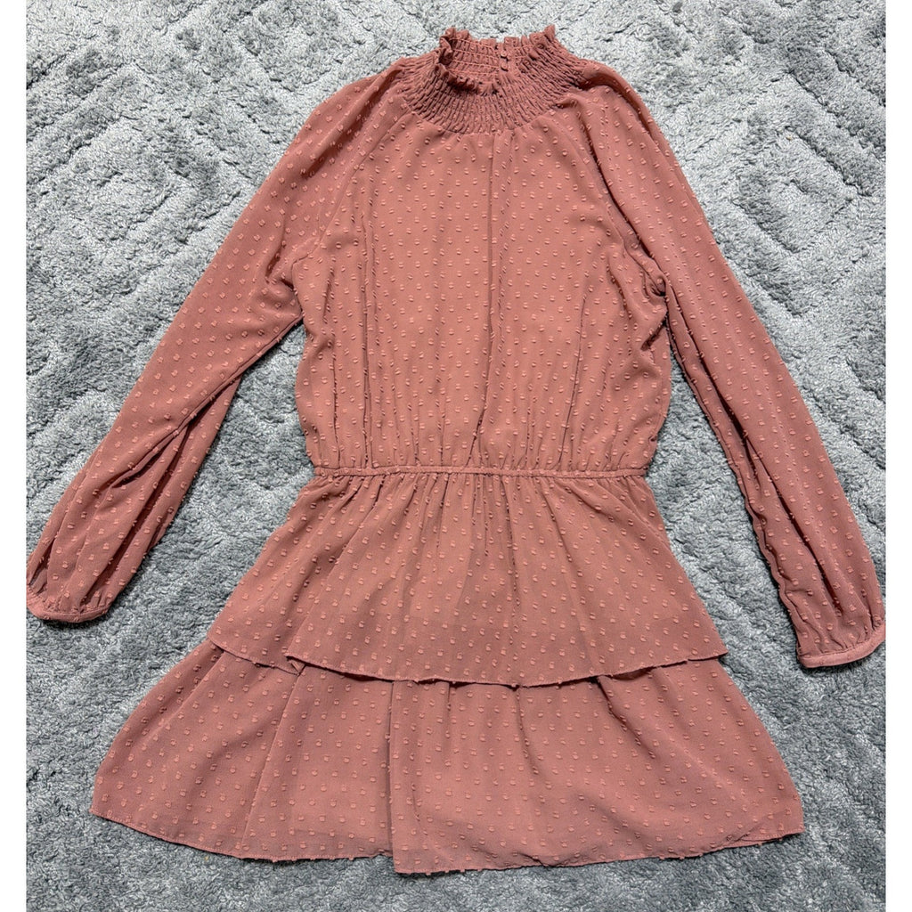Mustard Seed Dusty Rose Swiss Dot Tiered Babydoll Mini Dress M Boho Lagenlook