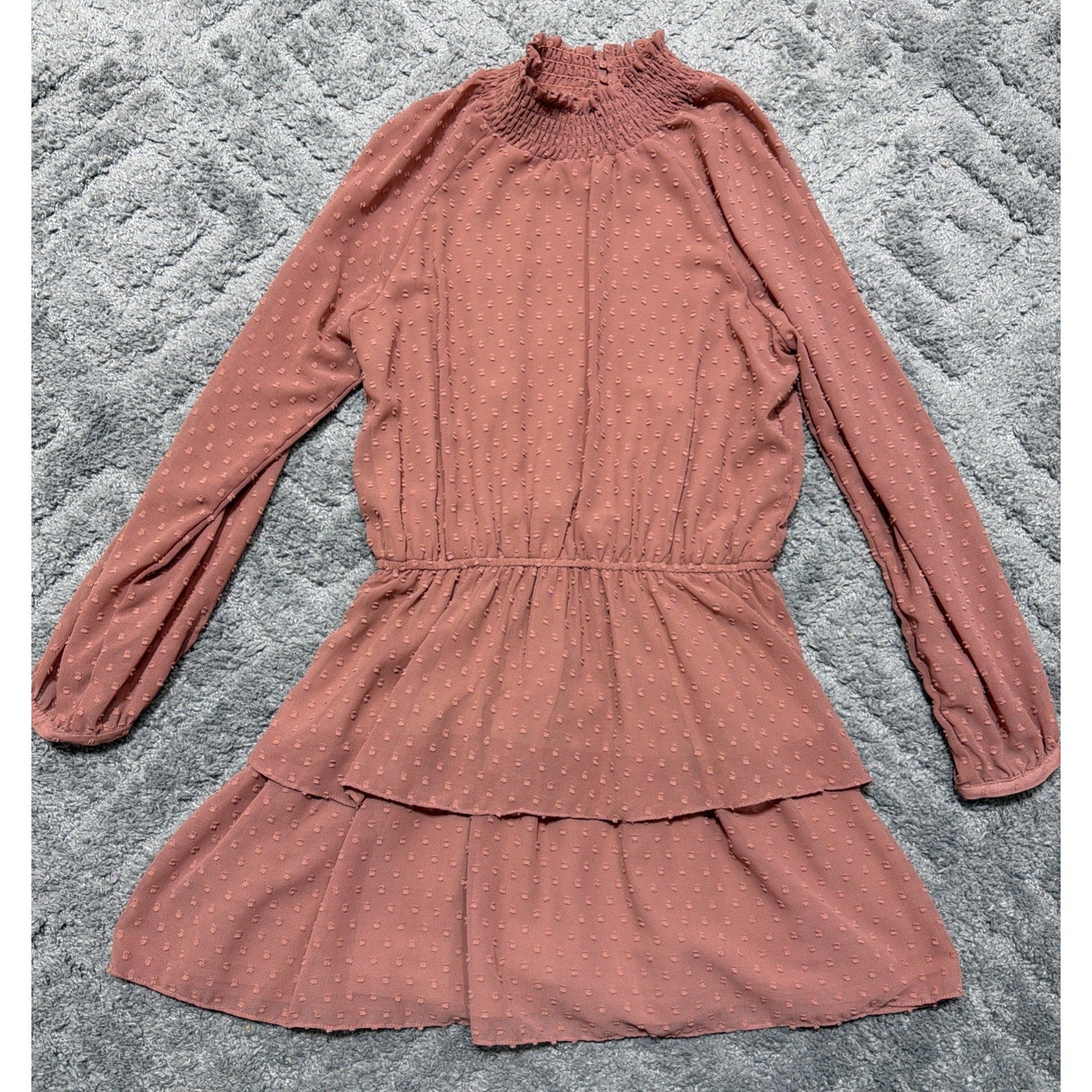 Mustard Seed Dusty Rose Swiss Dot Tiered Babydoll Mini Dress M Boho Lagenlook