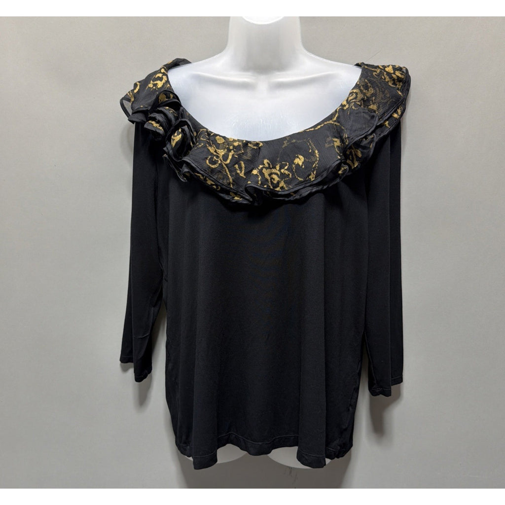 Lauren Ralph Lauren Women’s 1X Black Gold Ruffle Neck Top 3/4 Sleeve Stretch