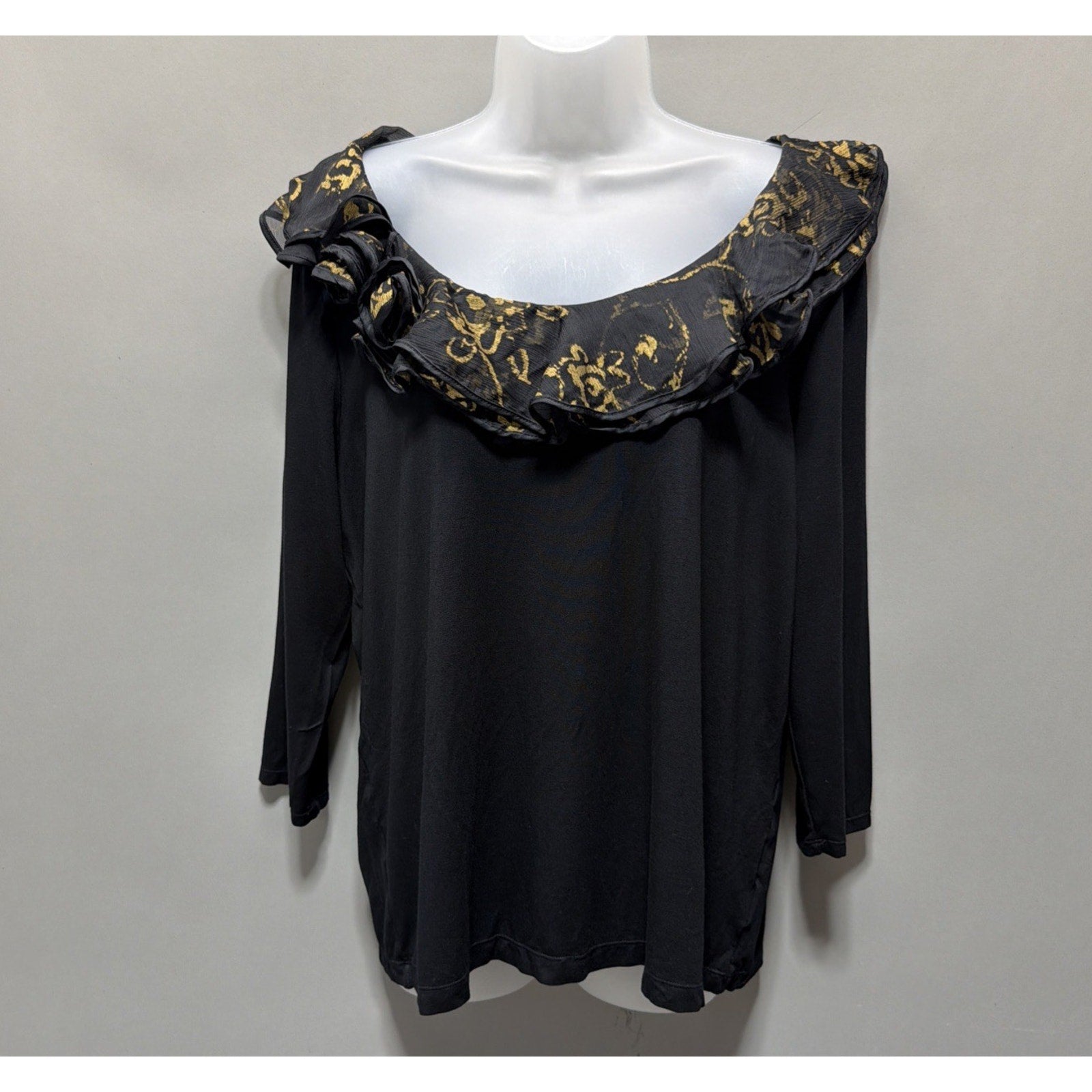 Lauren Ralph Lauren Women’s 1X Black Gold Ruffle Neck Top 3/4 Sleeve Stretch