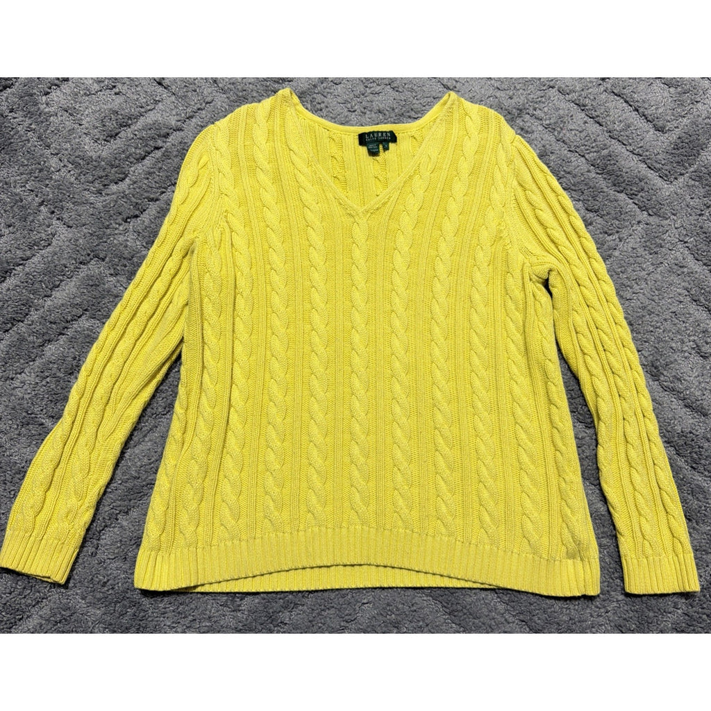 Vtg 90s Lauren Ralph Lauren Women's Lemon Yellow V-Neck Cable Knit Sweater 1X
