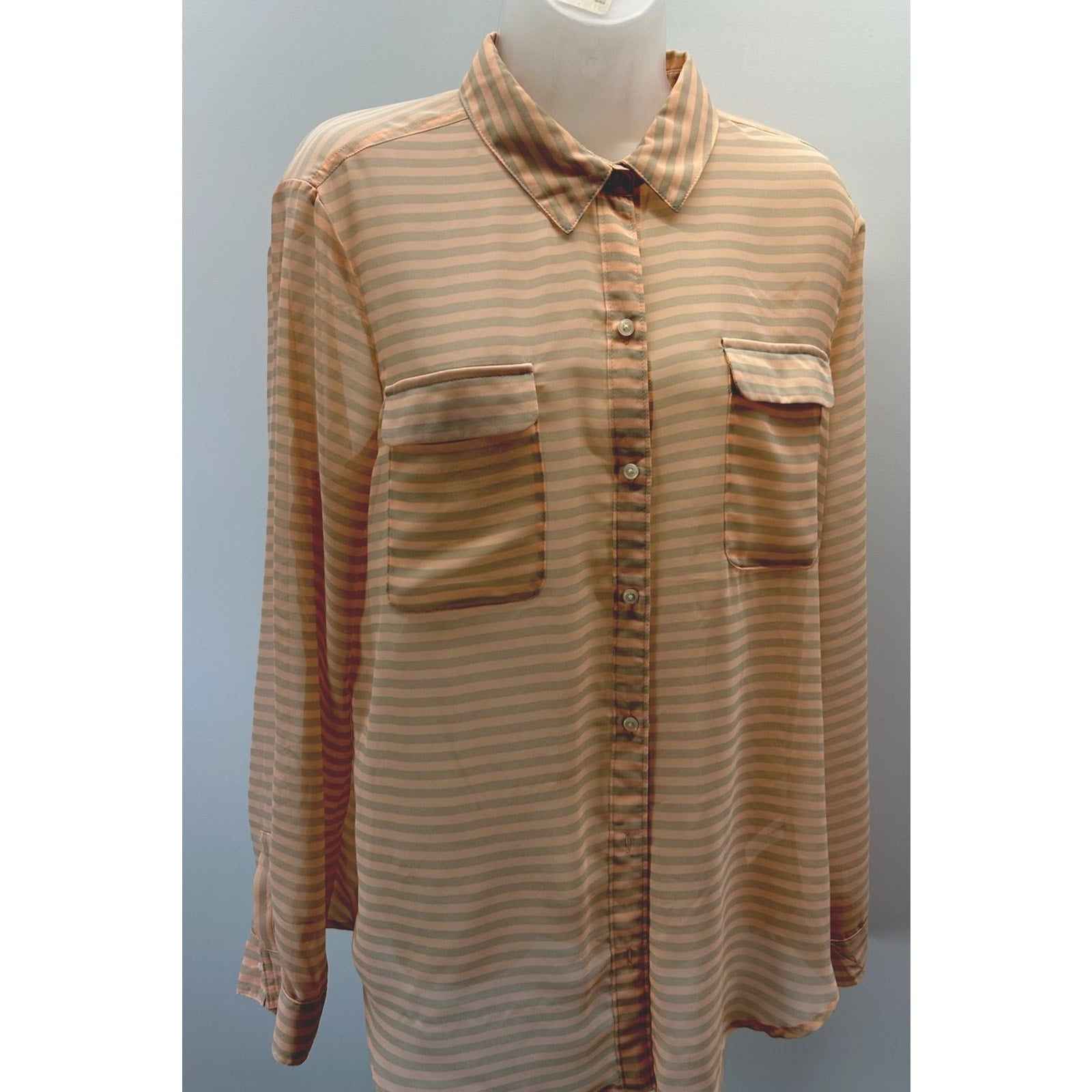 WOMEN'S OLD NAVY SHEER PEACH/GRAY STRIPE LONG SLEEVE SHIRT - SIZE LARGE.