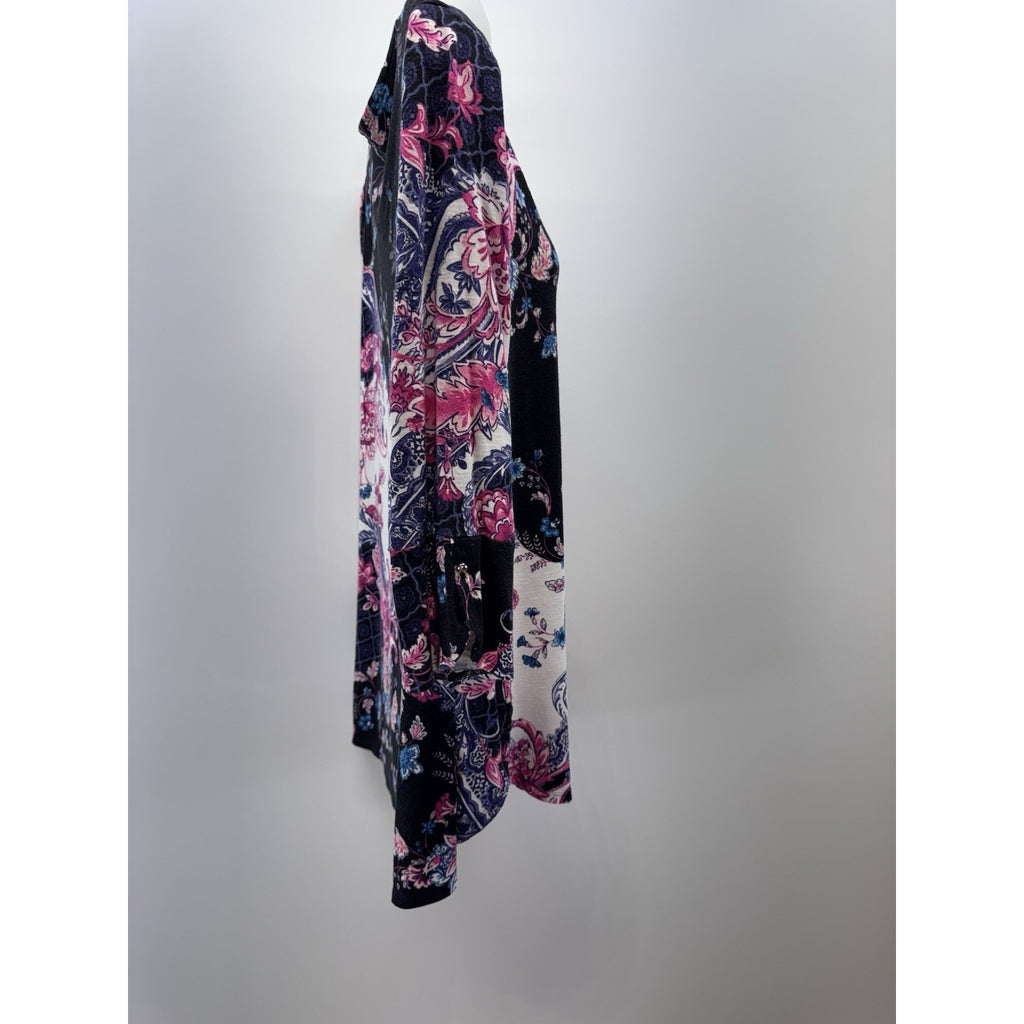 Chicos Zenergy Floral Top Stretch Tunic Long Sleeve Paisley Pink Black Women’s L