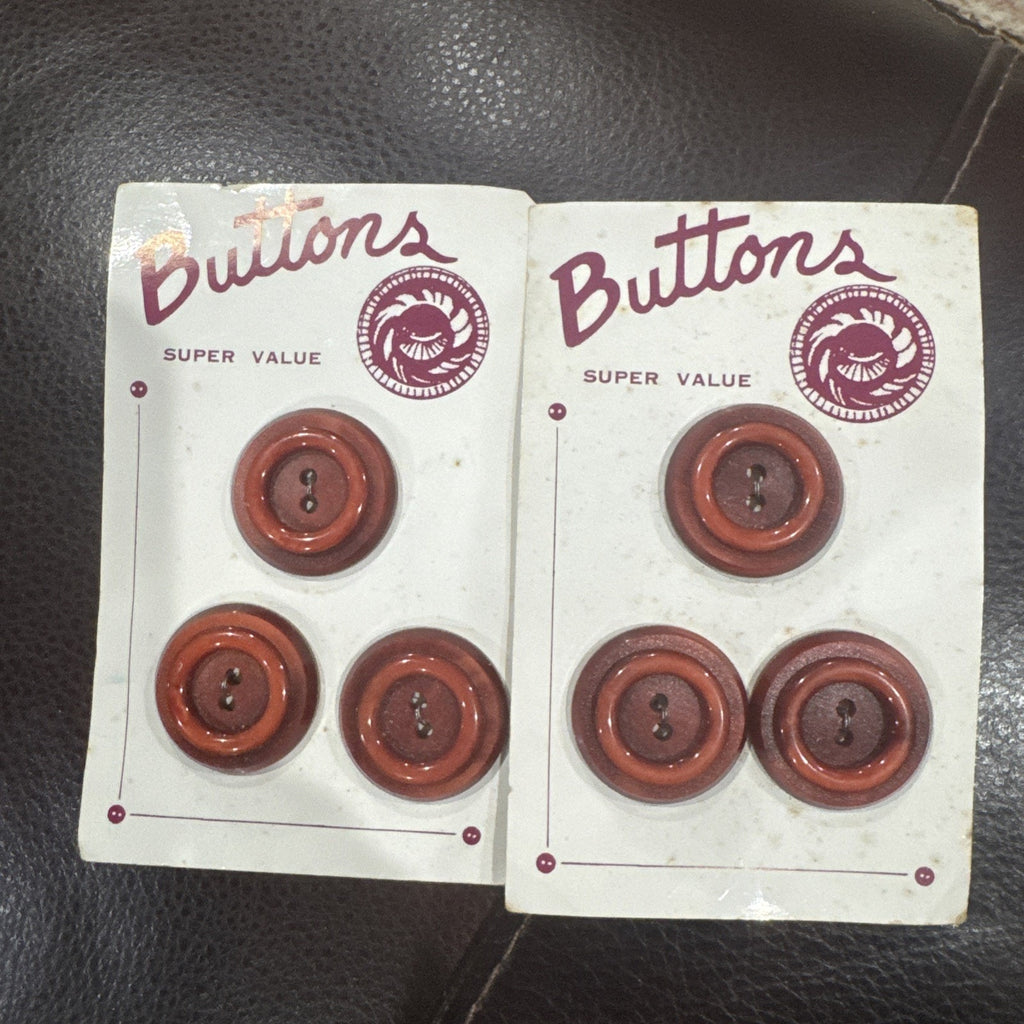 6 Brown Rust 2-Hole Coat Buttons 1¼” on Original Cards Sewing Craft Lot