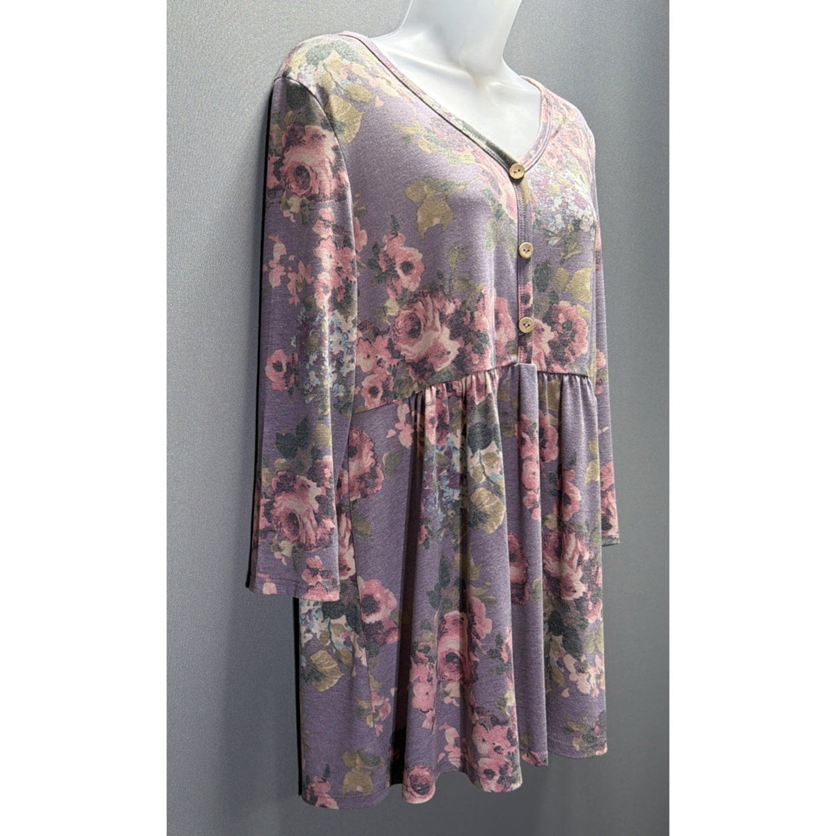 Honeyme Large Floral Tunic Top 3/4 Sleeve Babydoll Blouse Stretch NWT