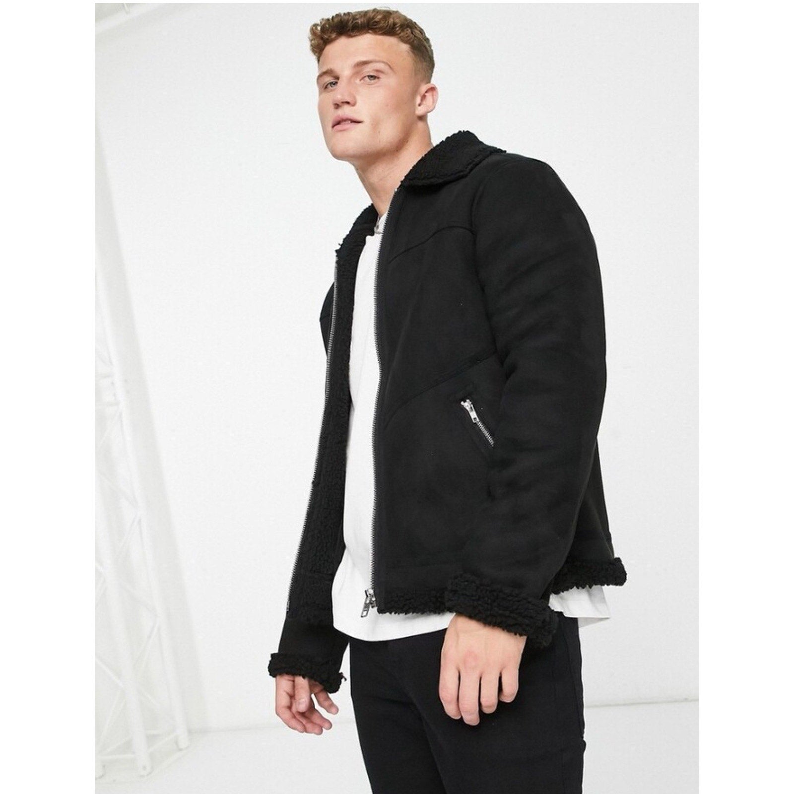 Men’s ‘Barneys Originals’ Faux Leather Shearling Bomber Jacket, Size Medium