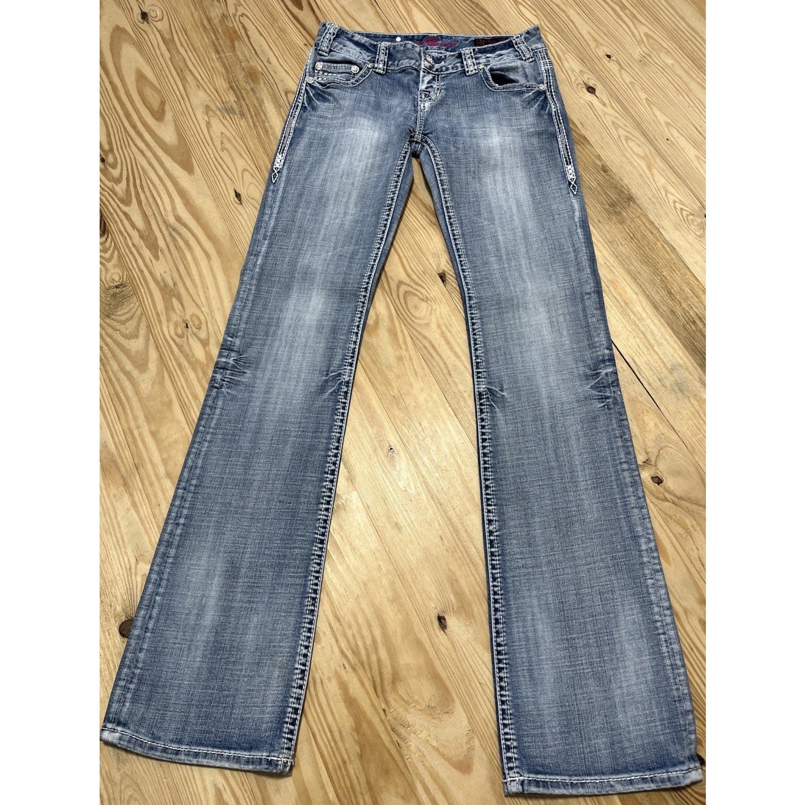 Rock and Roll Cowgirl Jeans 27x34 Blue Denim Thick Stitch Western Boot Low Rise