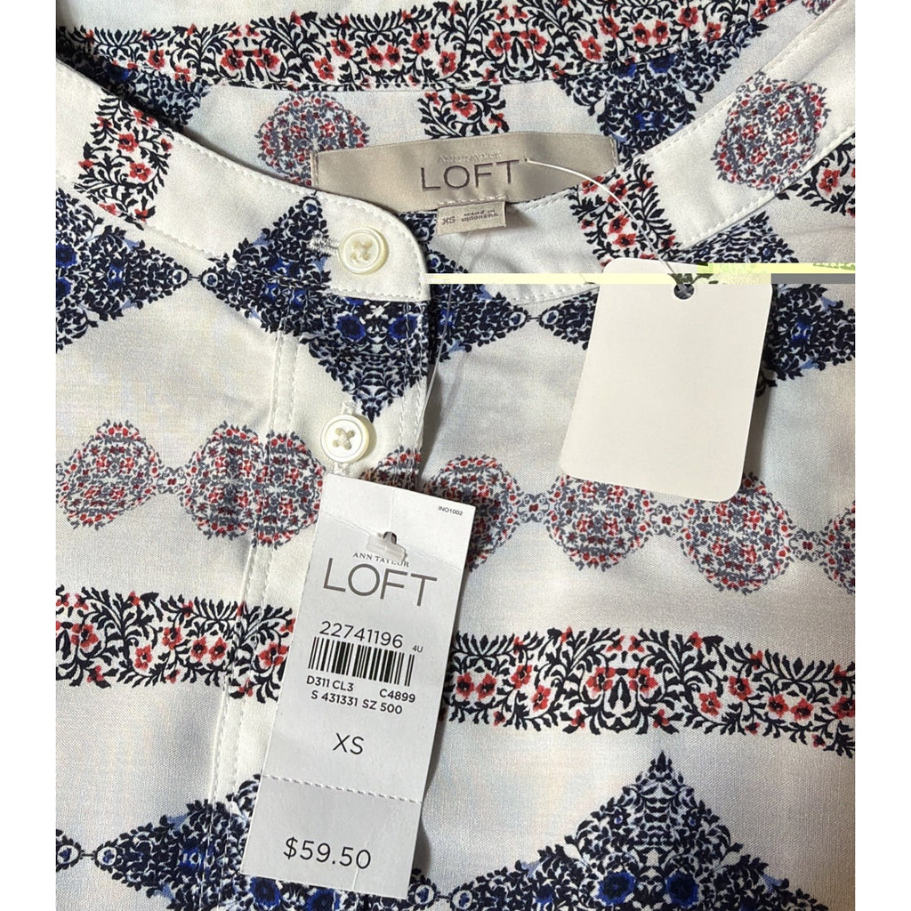 New Loft Women’s Pullover Top Red White Blue Floral Print Oversized Size XS NWT