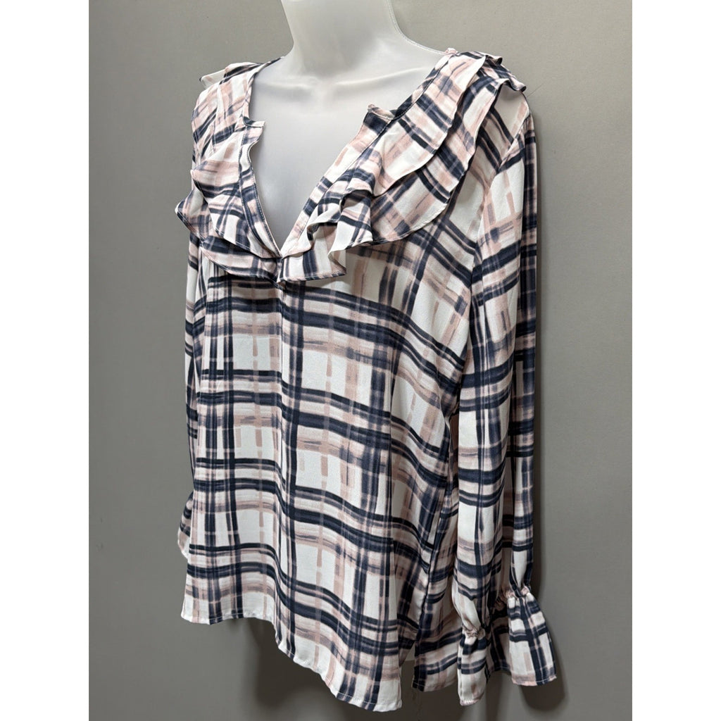 LOFT Women’s Sz M Multicolor Polyester Ruffle Flare Long Sleeve V-neck Blouse