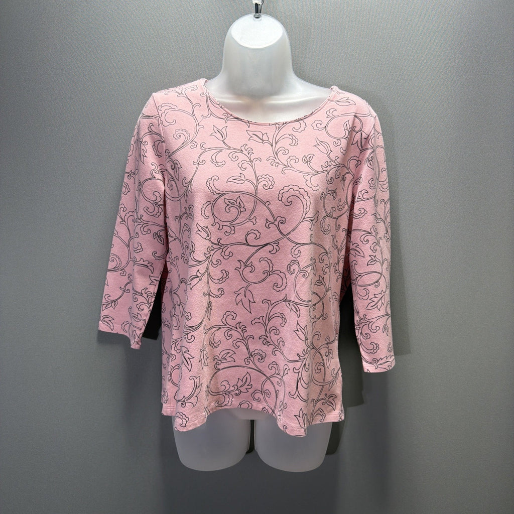 Chico's Womens Large 3/4 Sleeve Pink Paisley Damask Casual Top Stretch