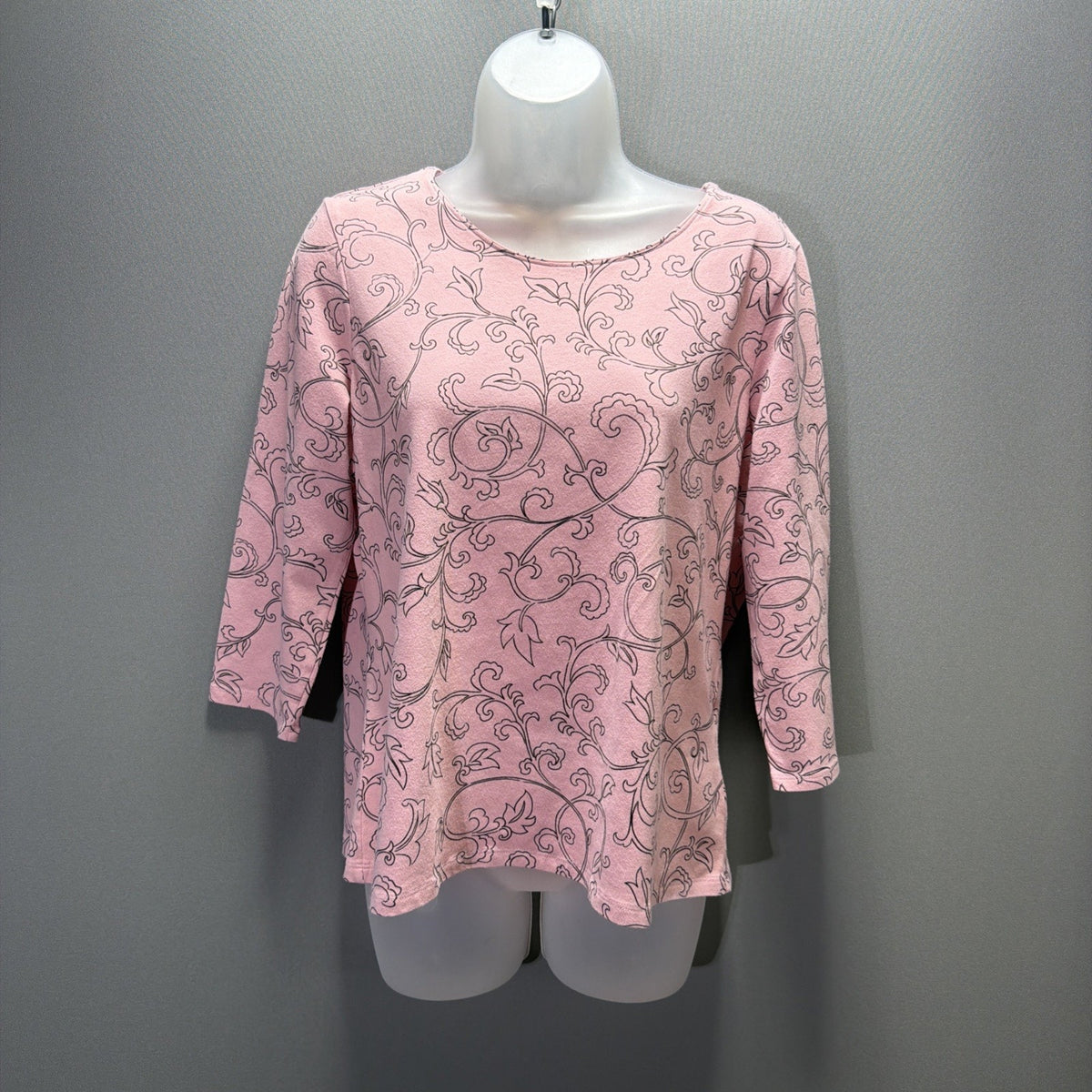 Chico's Womens Large 3/4 Sleeve Pink Paisley Damask Casual Top Stretch