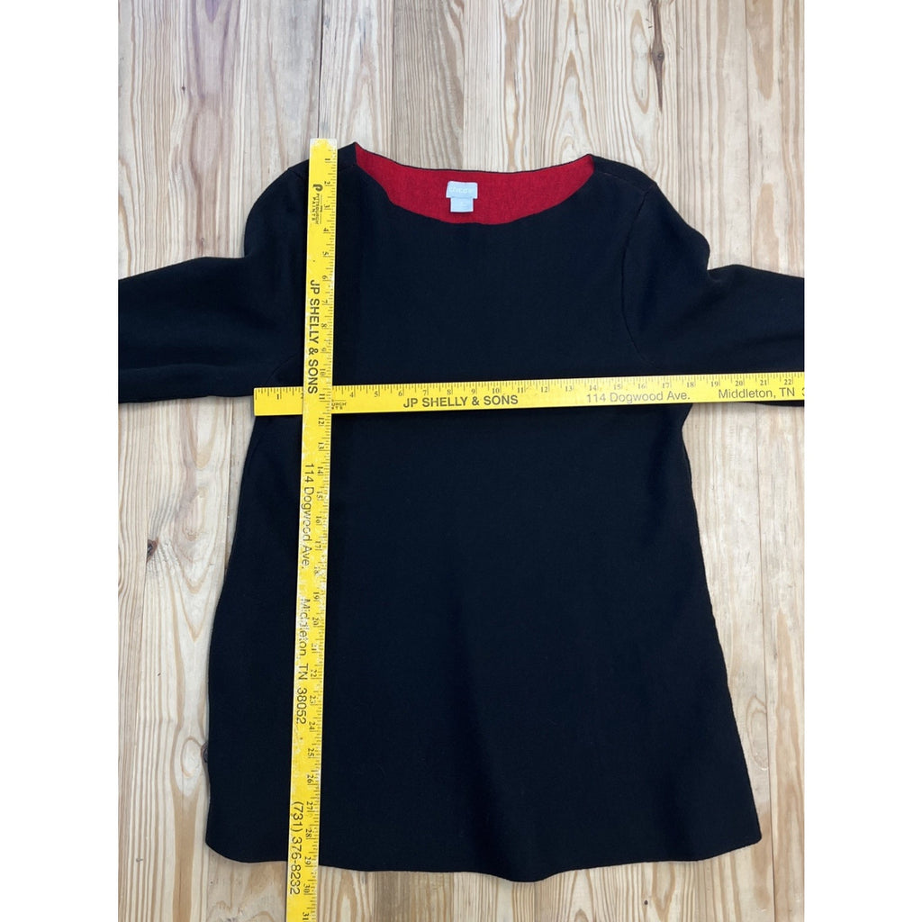 Chico’s Bi-Color Double Knit Sweater Black Red 3/4 Sleeves Soft Cozy Sz L