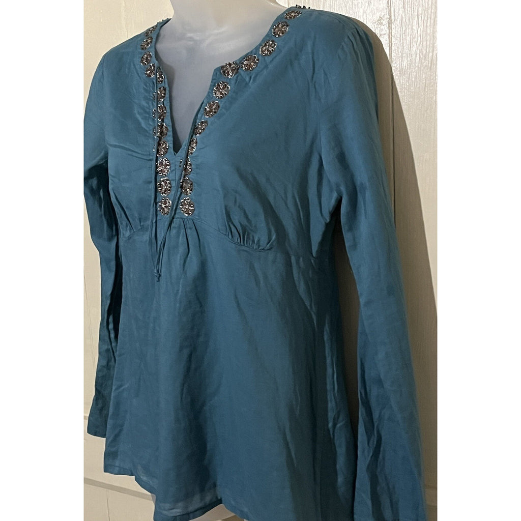 Ann Taylor LOFT Shirt Womens 4 Green Blouse Long Sleeve Embroidered Round Neck