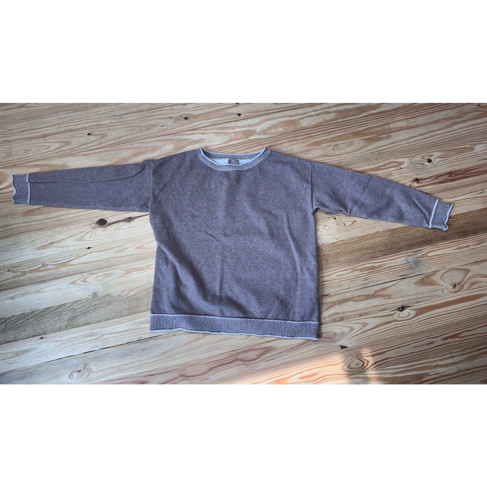 Chico's Womens 2 (12) Long Sleeve Stretch Knit Sweater Taupe Tan Cable Knit Hem