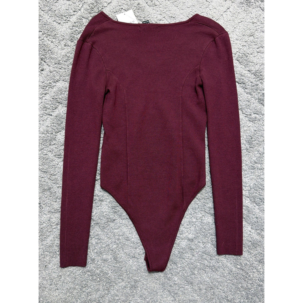 Women's Forever 21 Ribbed Long-Sleeve Bodysuit M Maroon Knit V Neck NWT
