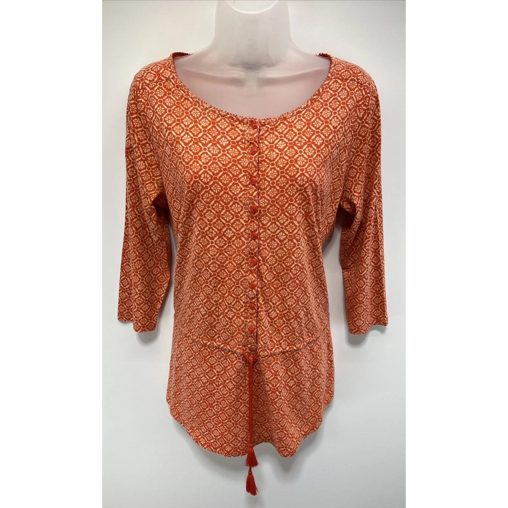 Lauren Ralph Lauren Womens Sz L Tie Waist Tunic Top Orange Cotton Geometric Boho