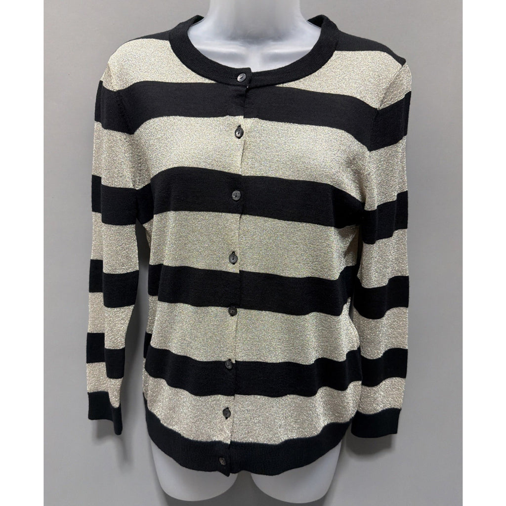 Ann Taylor Extra Fine Merino Wool Metallic Cardigan Black & Gold Stripes Size M