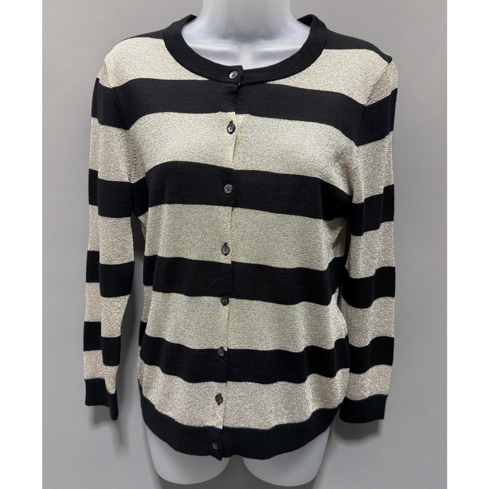 Ann Taylor Extra Fine Merino Wool Metallic Cardigan Black & Gold Stripes Size M