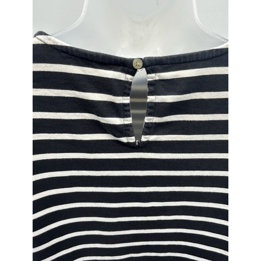 J. Crew Mariner Top Womens S Black White Striped Ruffle Short Sleeve Nautical.