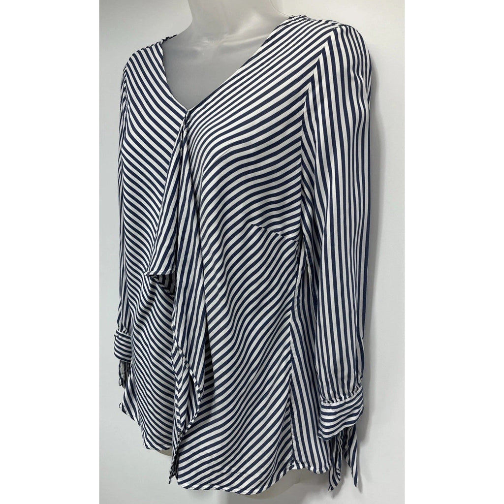Chicos Womens sz 1 US M Top Blue White Striped V Neck Blouse