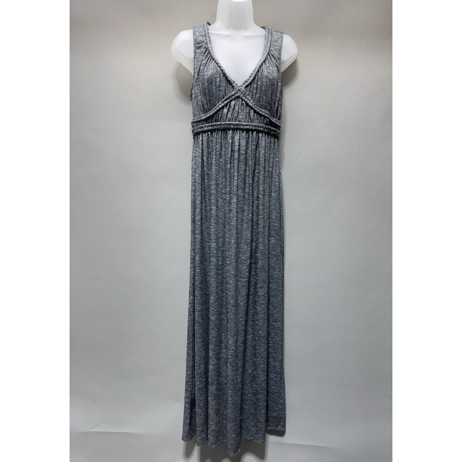 Max Studio Maxi Dress L Gray Striped Sleeveless Empire Waist Boho Stretch Knit