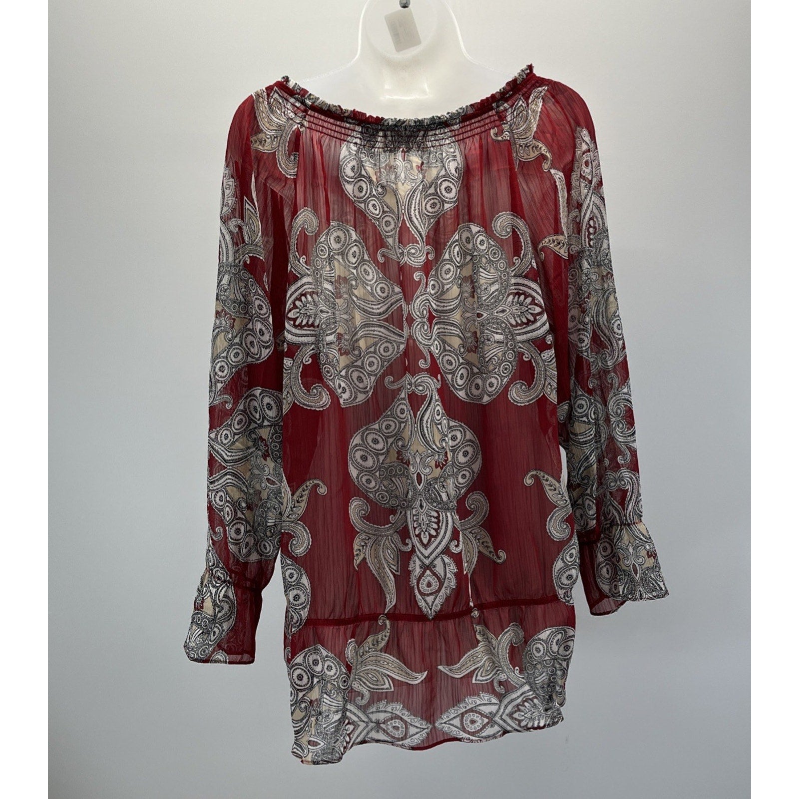 CHICO's 2 Womens L Blouse Shirt Burgundy Black Tan Paisley Print V Neck