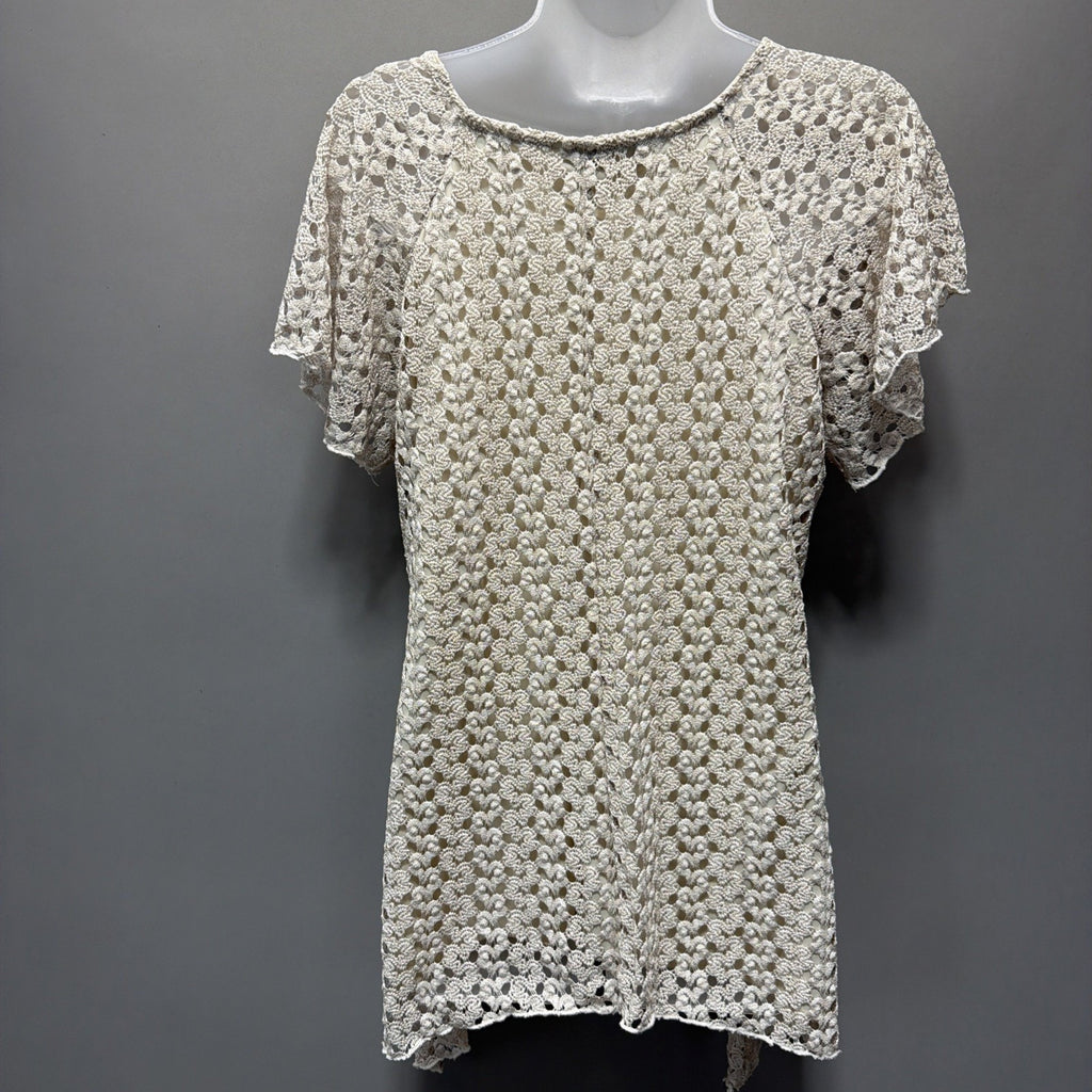 Brittany Black Women Lace Top Size L Ivory Short Sleeve Lined Stretch 5278