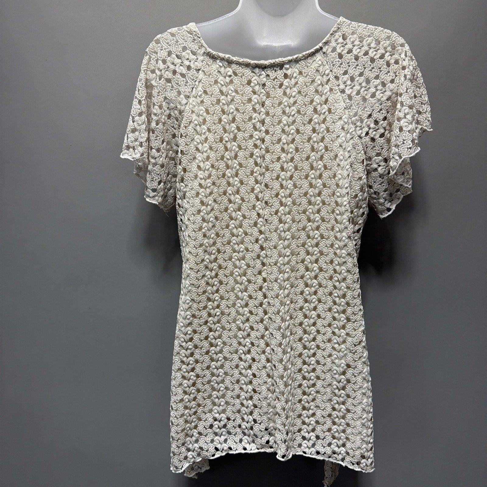 Brittany Black Women Lace Top Size L Ivory Short Sleeve Lined Stretch 5278