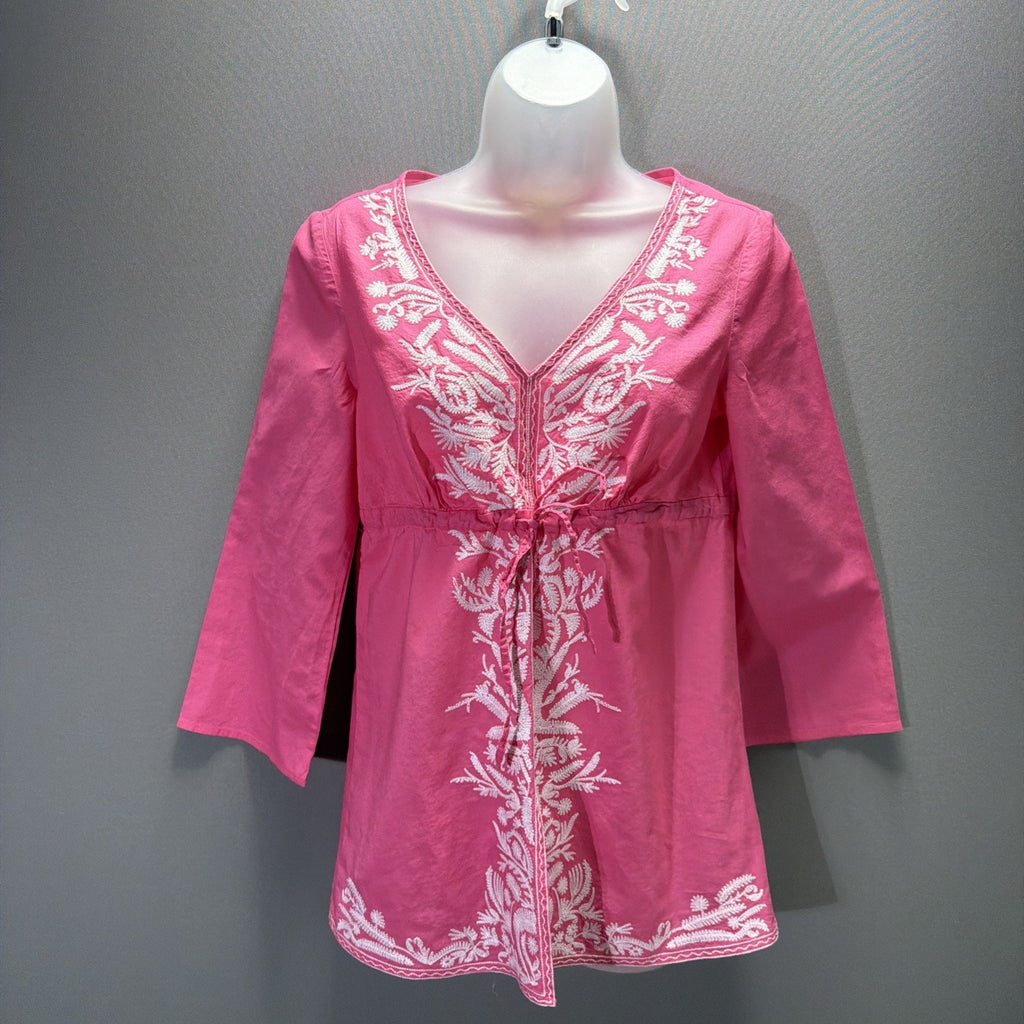 Michael Kors Pink Embroidered Tunic Blouse V-Neck Long Sleeve Size Small