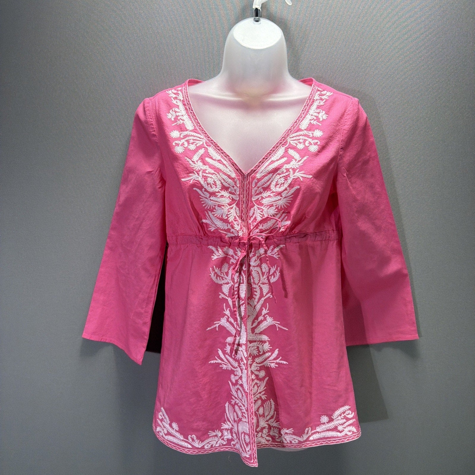 Michael Kors Pink Embroidered Tunic Blouse V-Neck Long Sleeve Size Small