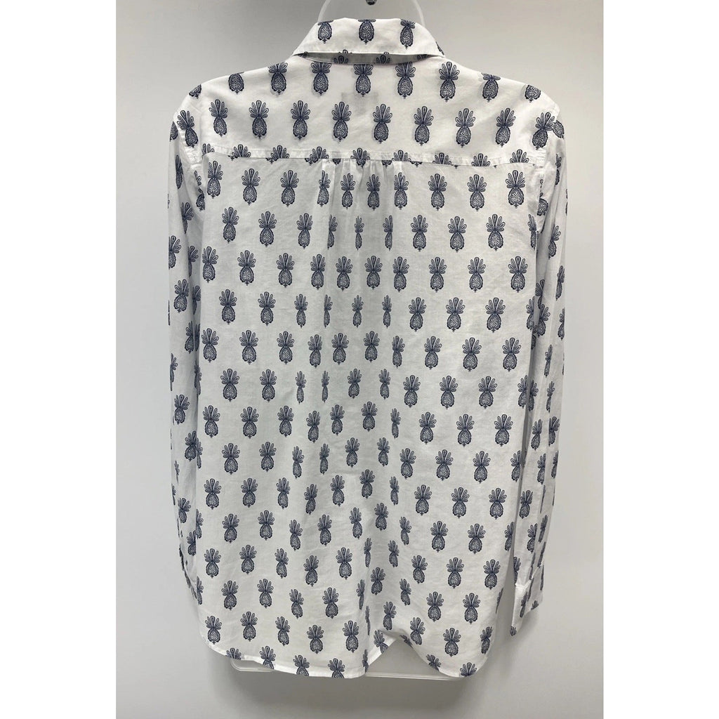 Talbots Blouse Womens Size M White Cotton Blue Paisley Lightweight Button Up