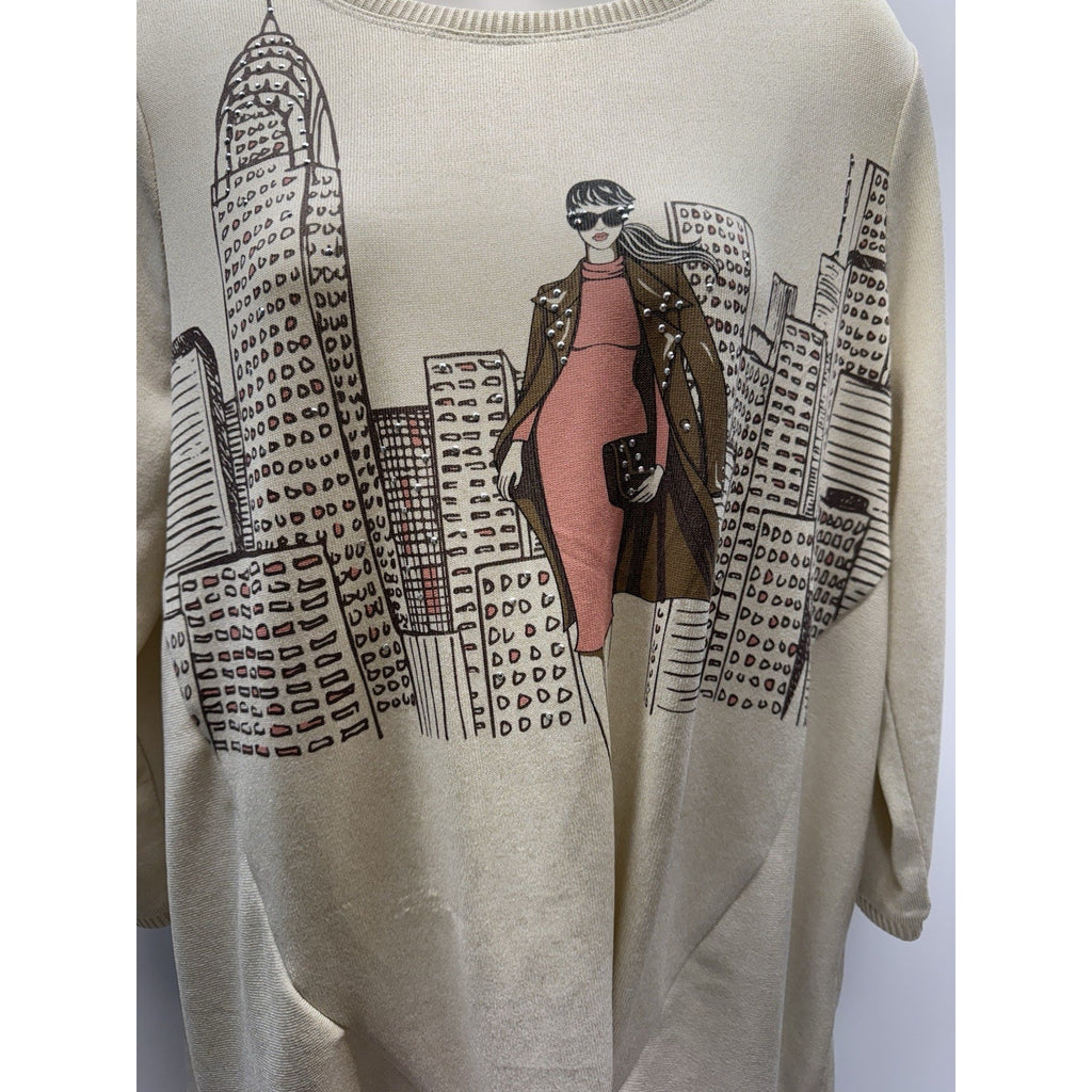 Kiss & Fly City Scape Fashion Theme Rhinestone Long Sleeve Top Women's Size L