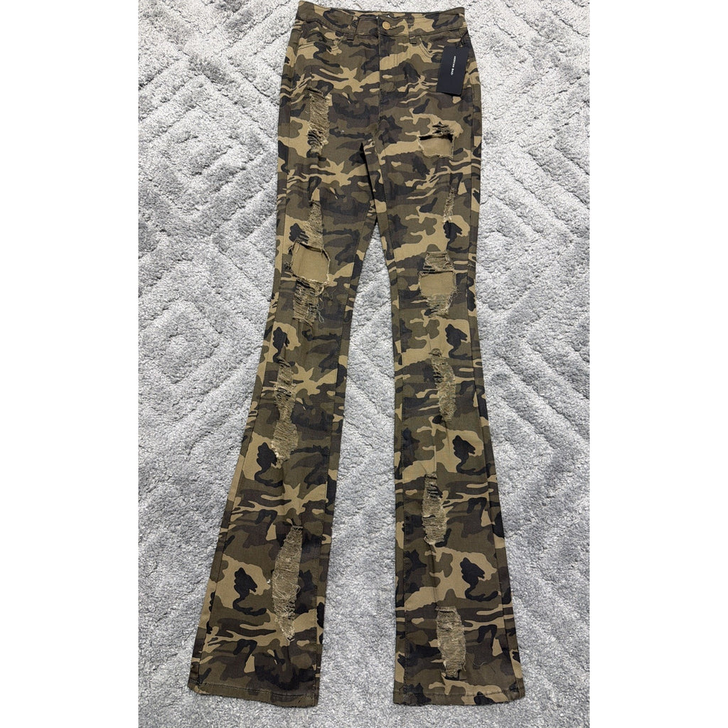 American Bazi Los Angeles High Rise Ruched Boot Camo Distressed jeans sz S New