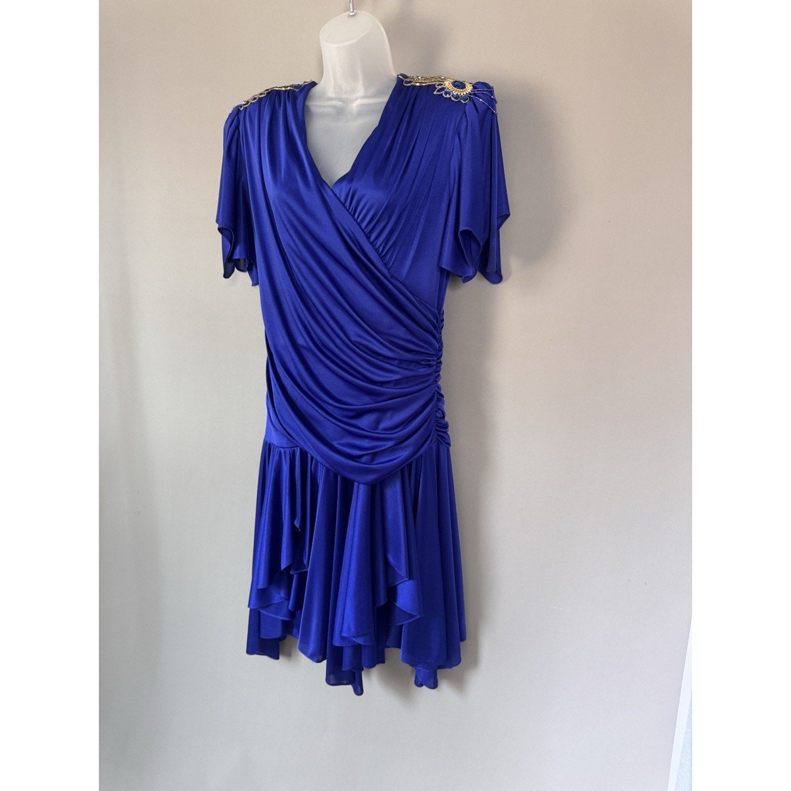 Royal Blue Embellished Padded Shoulder Dress Draped Ruffle Hem Cocktail Party M