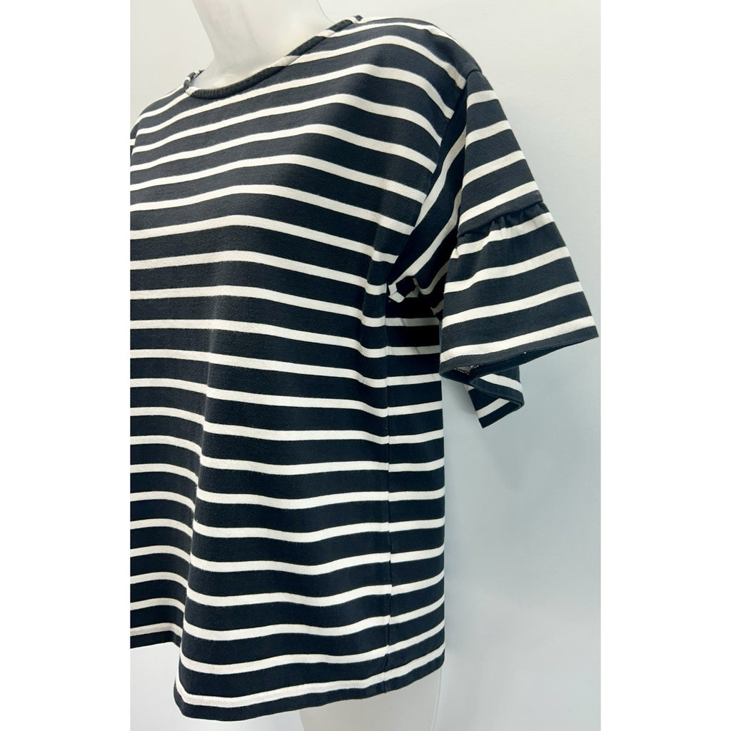 J. Crew Mariner Top Womens S Black White Striped Ruffle Short Sleeve Nautical.