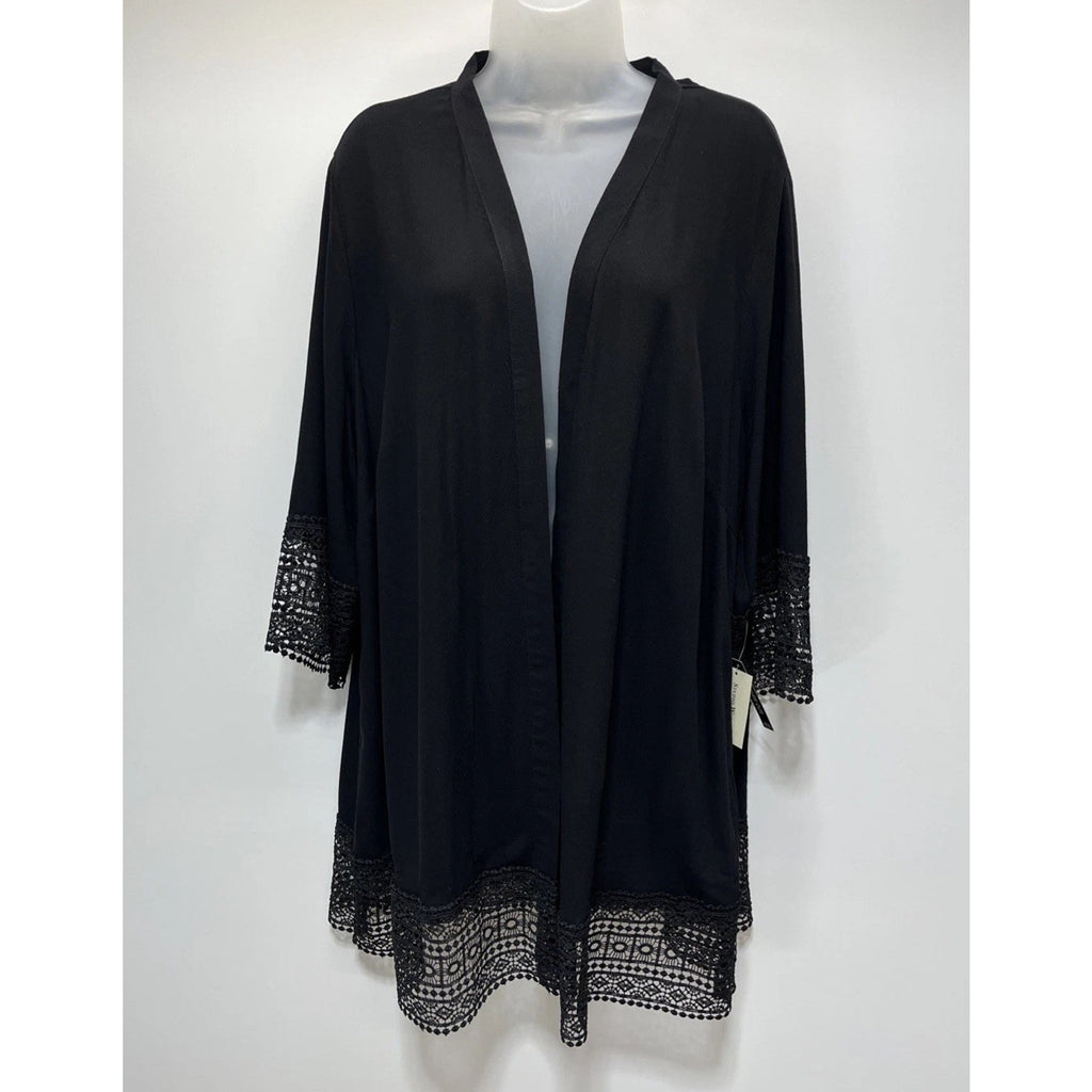 Studio Works Burnout cardigan sweater, Black with lace & sleeve trim, NWT 2X
