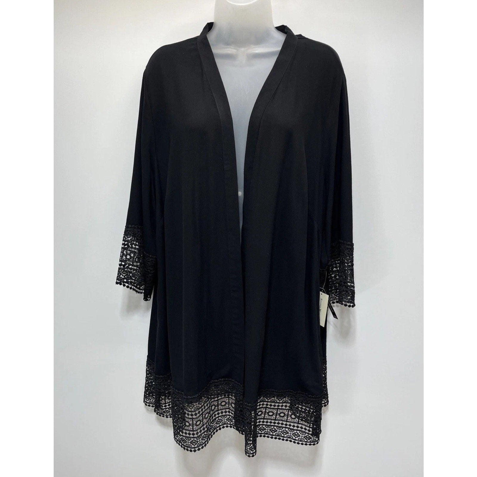 Studio Works Burnout cardigan sweater, Black with lace & sleeve trim, NWT 2X