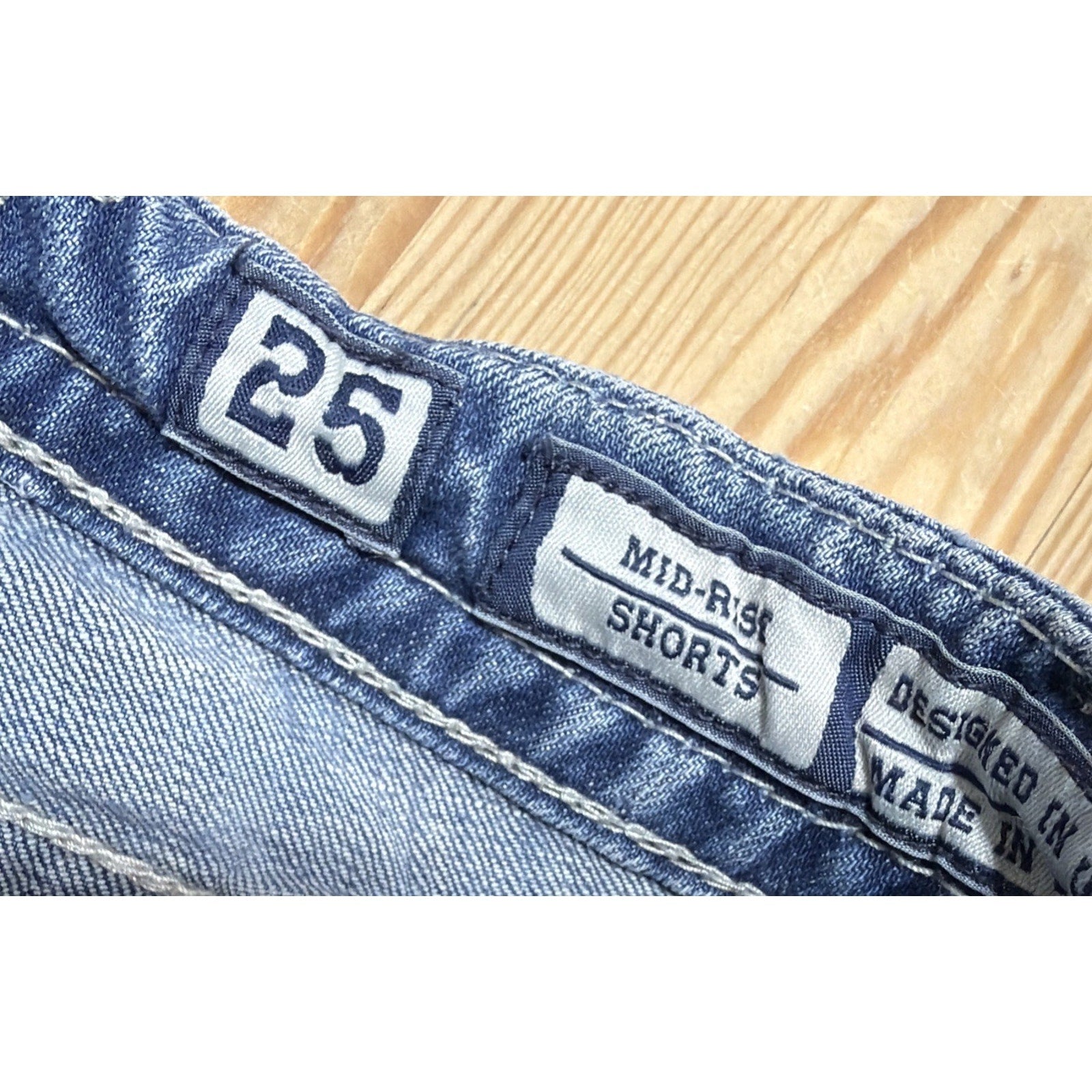 MISS ME Mid-Rise Cut Off Distressed Denim Rhinestones 5 Pocket Flap Shorts 25