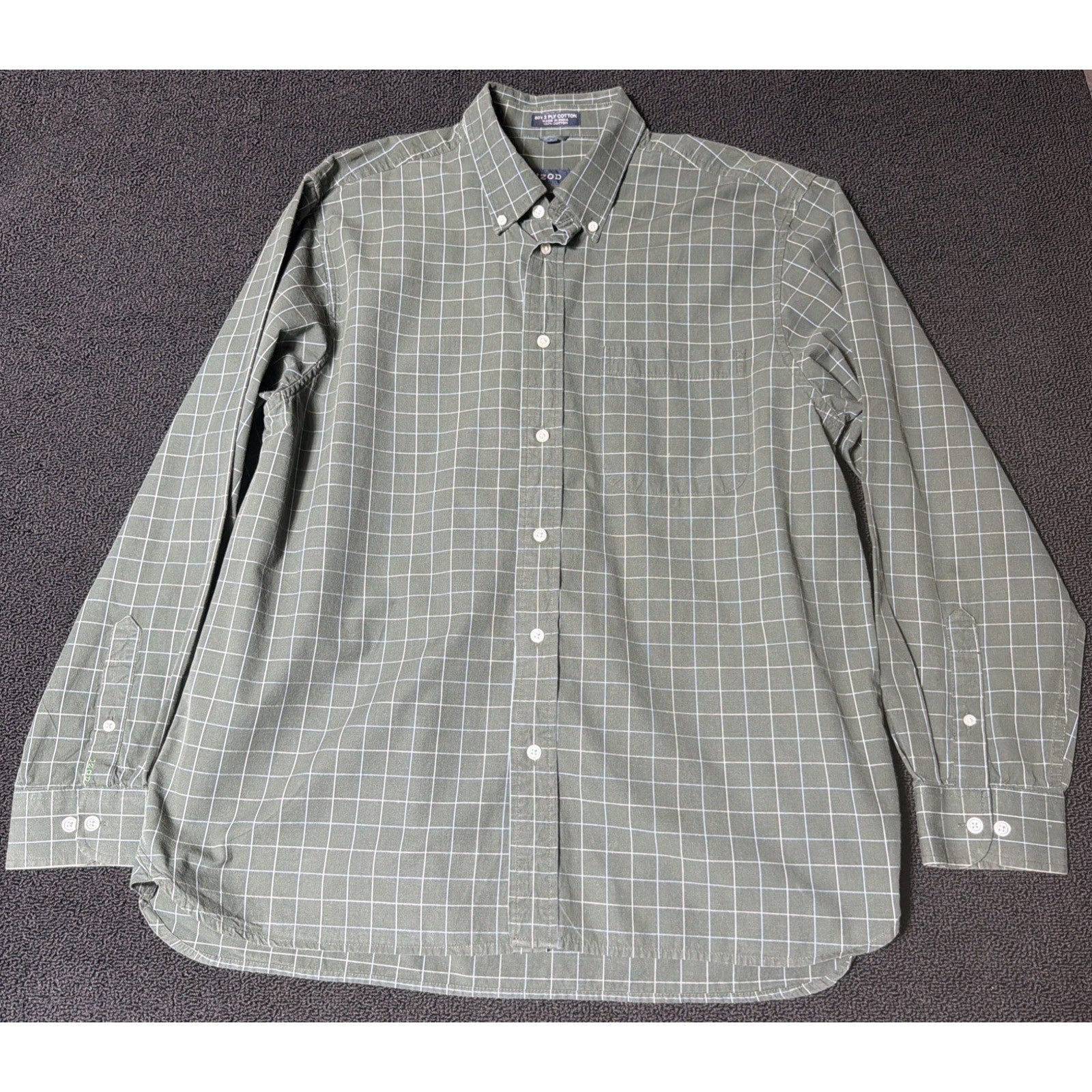 IZOD 80s 2-Ply Green Plaid Cool Cotton Long Sleeve Button Down Shirt Mens L