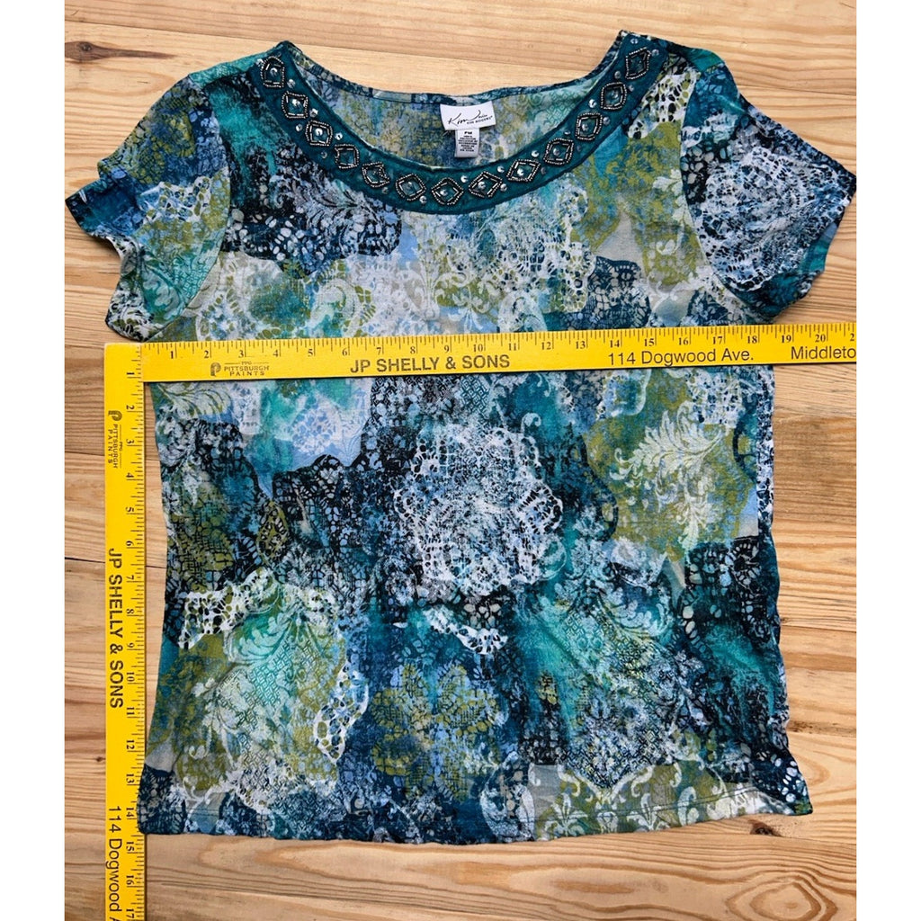 Kim Rogers Shirt Womens PM Blue Watercolor Short Sleeve Pullover.