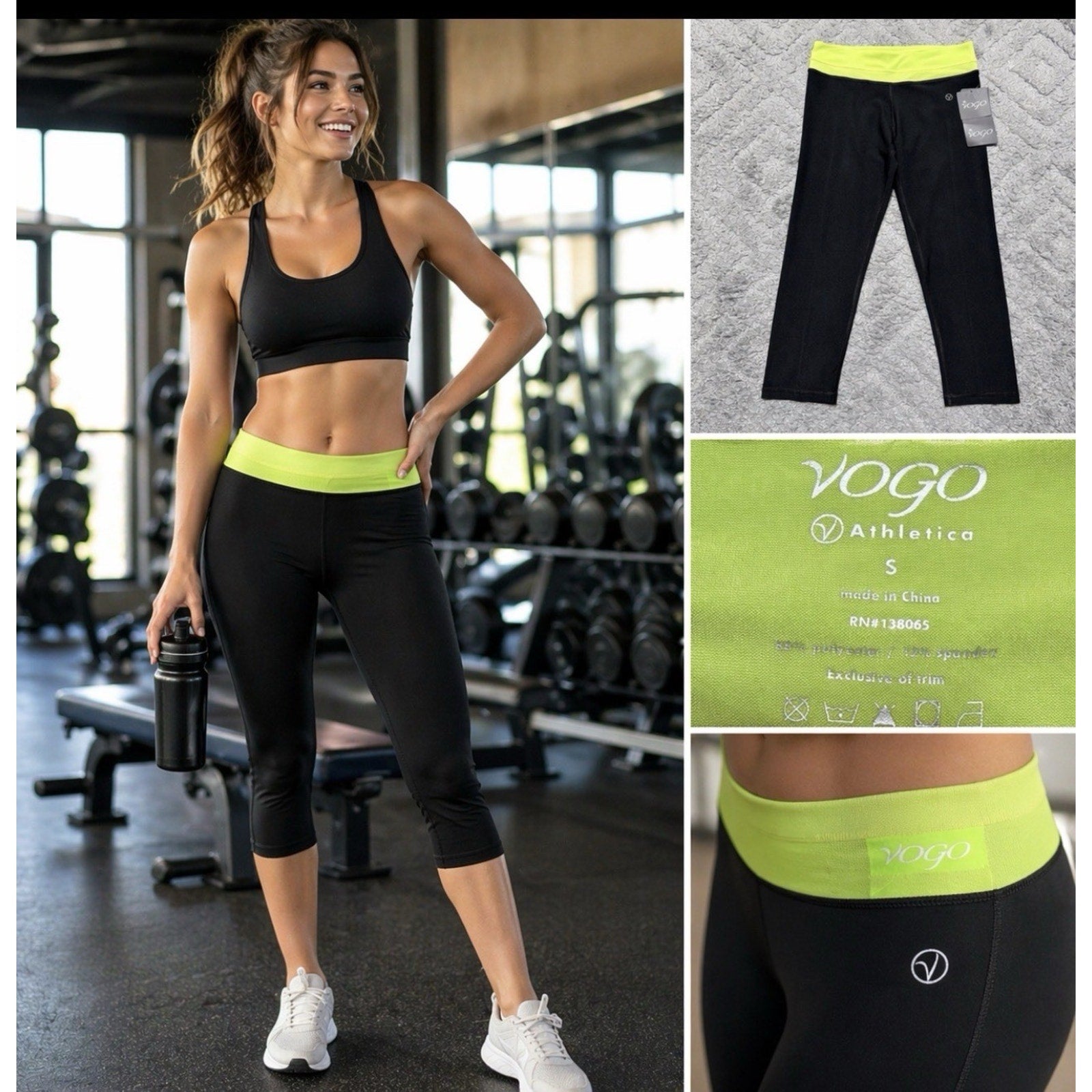 VOGO Athletica Leggings Womens S Black Neon Green Capri Crop Yoga Workout NWT