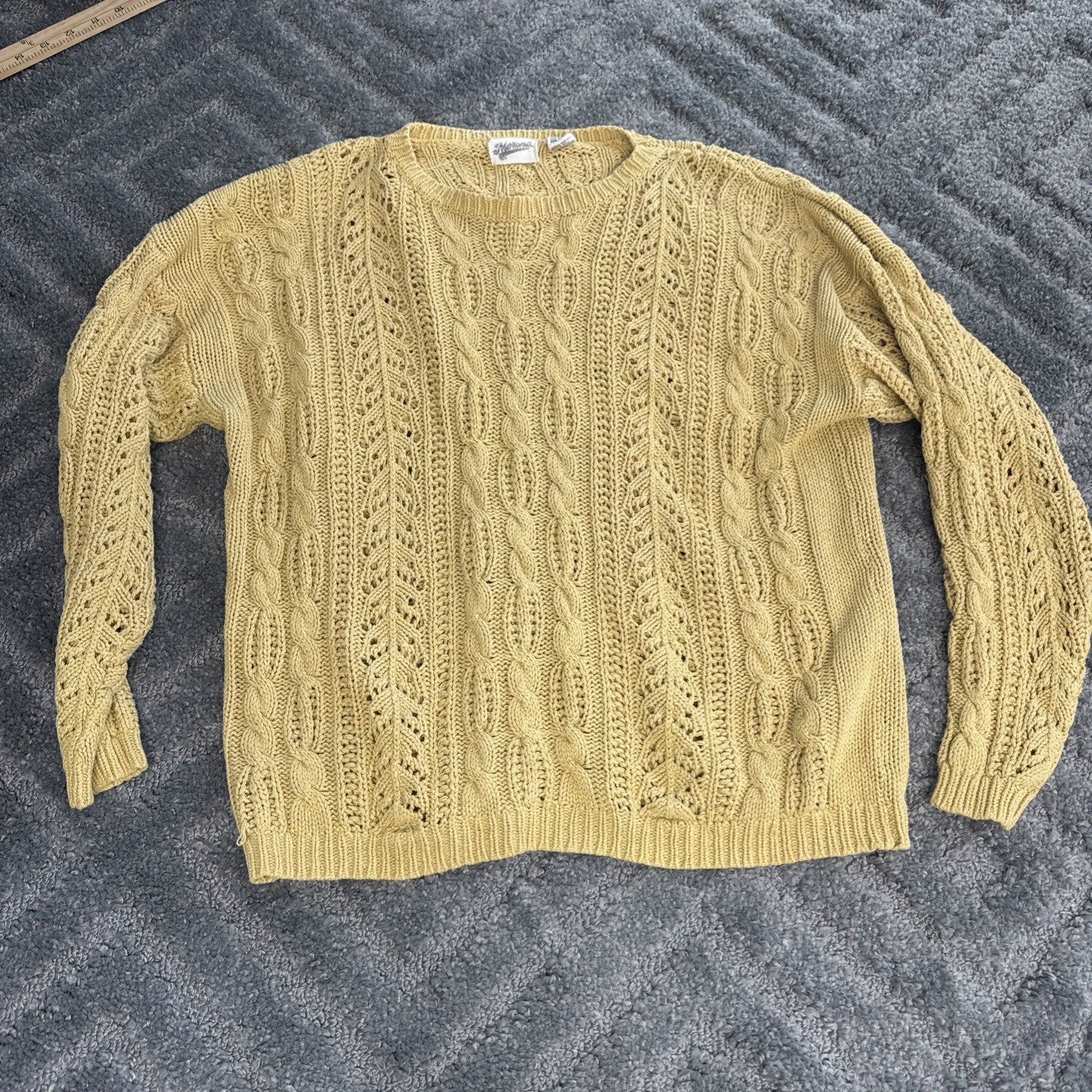 Merona Vintage Silk Cotton Yellow V-Neck Cable Knit Sweater Women’s Size Large