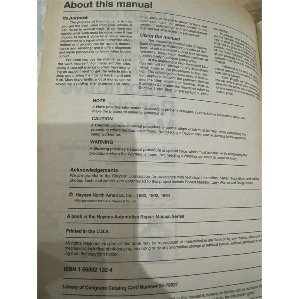 HAYNES 30010 Repair MANUAL 1984-1995 Dodge Caravan Plymouth Voyager Chrysler