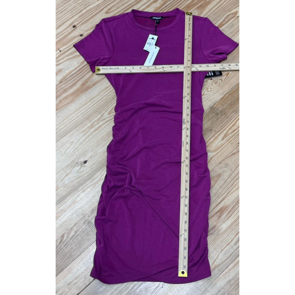 NWT Express Fuschia Pink Scrunch Side Short Sleeve Bodycon Midi Dress Size XS