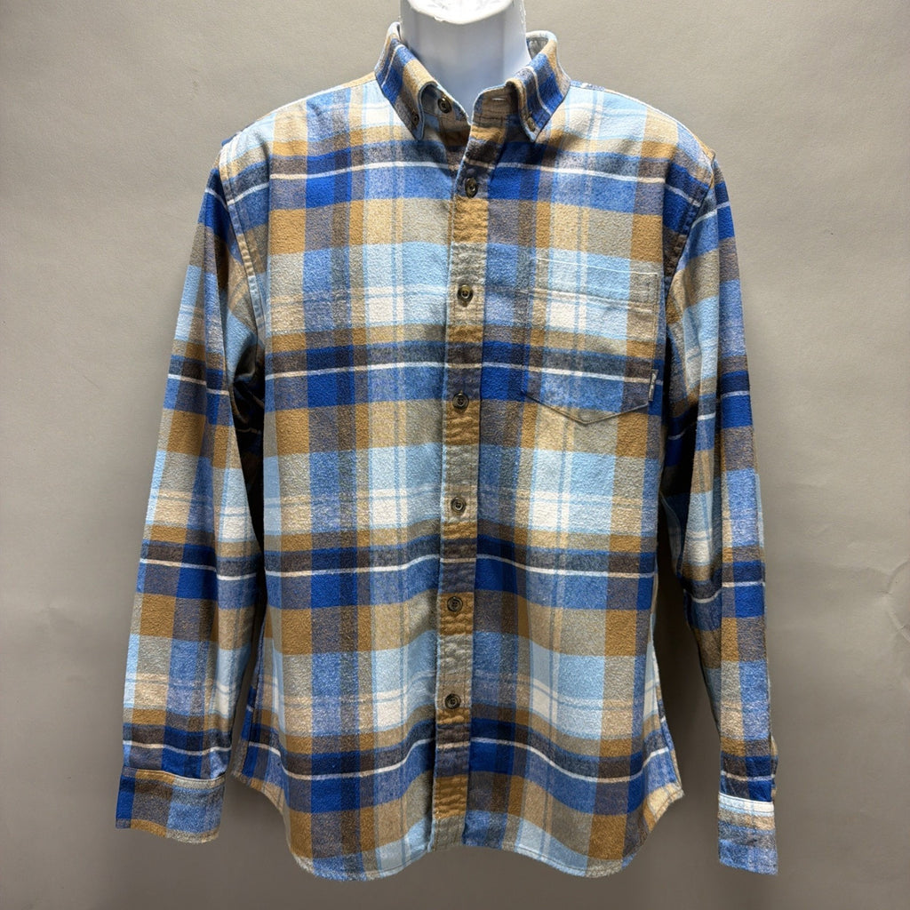 Eddie Bauer Mens M Blue Tan Plaid Flannel Shirt Button Down Long Sleeve Cotton